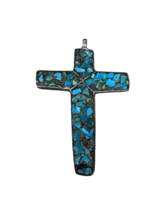 Native Jewelry - 3" Fred Harvey Era Old Pawn Turquoise Chip Inlay Large Cross Pendant Sterling Si
